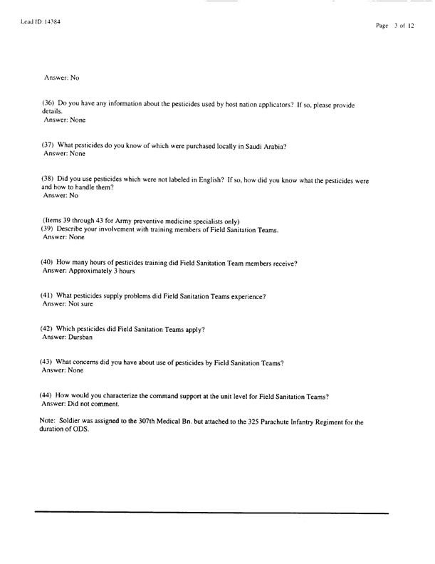   Lead Sheet #14384, Interview with 307th Medical Battalion preventive medicine specialist, February 9, 1998.