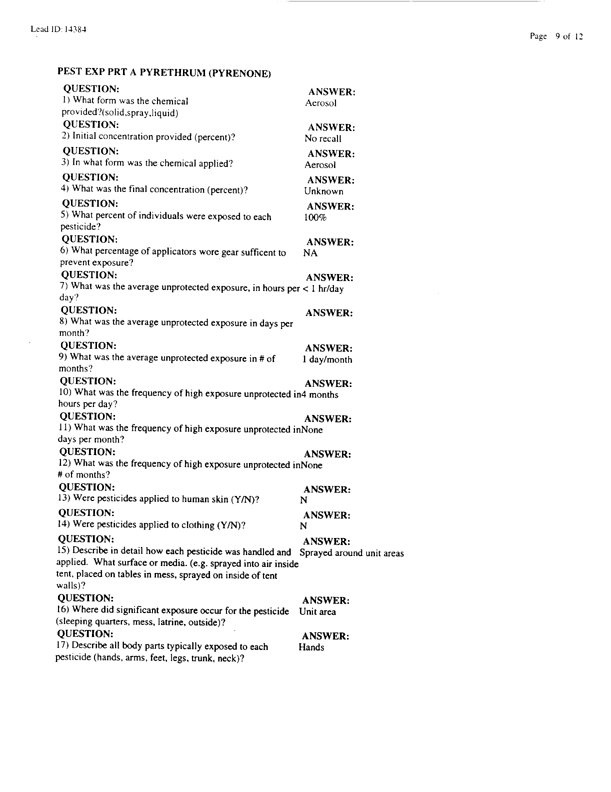   Lead Sheet #14384, Interview with 307th Medical Battalion preventive medicine specialist, February 9, 1998.