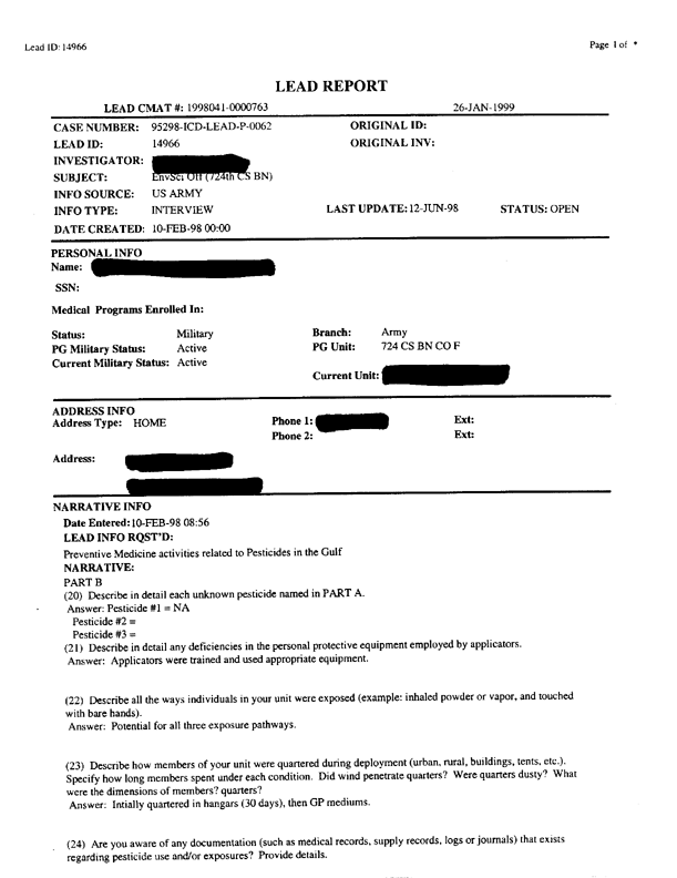   Lead Sheet #14966, Interview with 24th ID, 724th Combat Support Battalion, Company F environmental science officer, February 10, 1998.