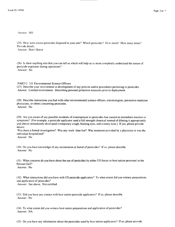   Lead Sheet #14966, Interview with 24th ID, 724th Combat Support Battalion, Company F environmental science officer, February 10, 1998.