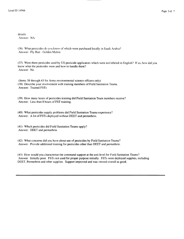Lead Sheet #14966, Interview with 24th ID, 724th CS BN environmental science officer, February 10, 1998; 