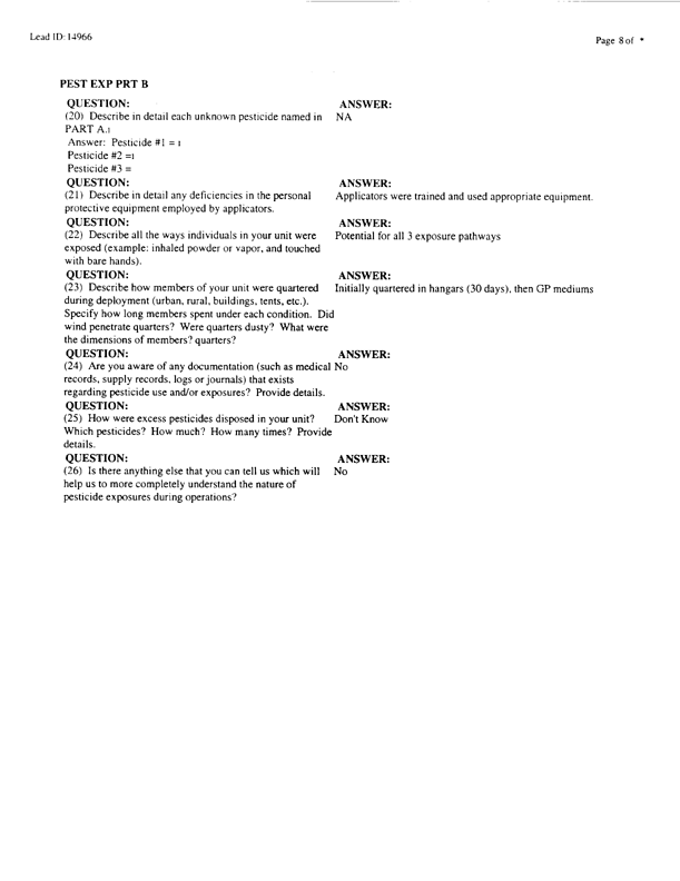   Lead Sheet #14966, Interview with 24th ID, 724th Combat Support Battalion, Company F environmental science officer, February 10, 1998.