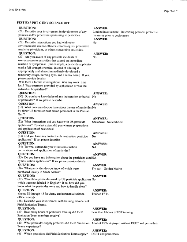   Lead Sheet #14966, Interview with 24th ID, 724th Combat Support Battalion, Company F environmental science officer, February 10, 1998.