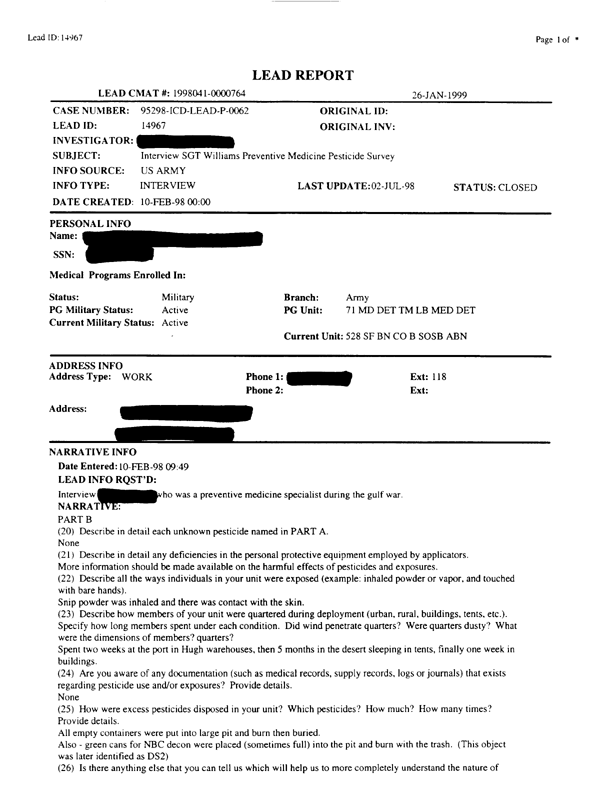   Lead Sheet #14967, Interview with 71st Medical Detachment preventive medicine specialist, February 10, 1998.