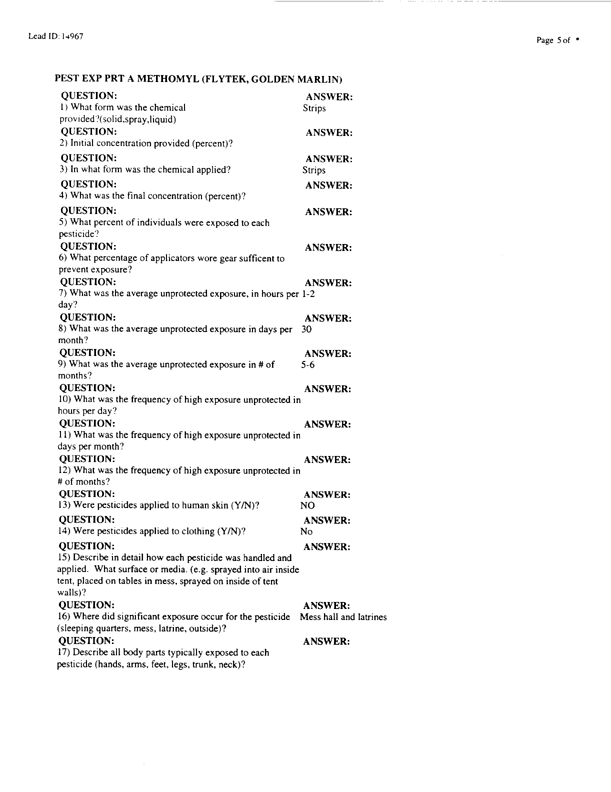   Lead Sheet #14967, Interview with 71st Medical Detachment preventive medicine specialist, February 10, 1998.