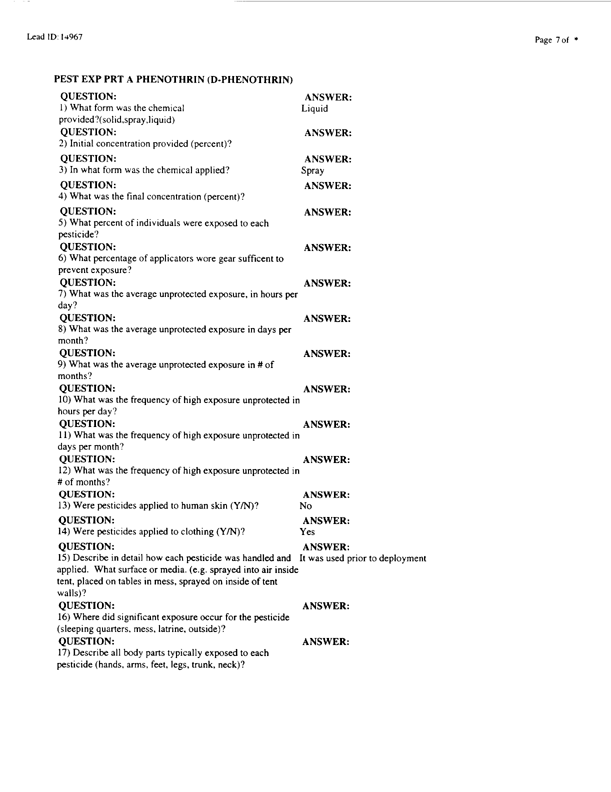   Lead Sheet #14967, Interview with 71st Medical Detachment preventive medicine specialist, February 10, 1998.