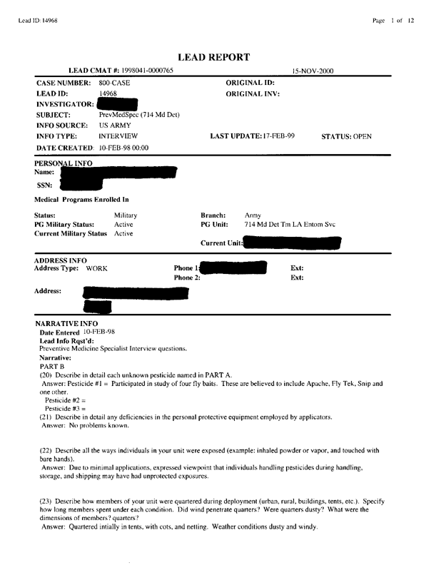Lead Sheet #14968, Interview with 714th Medical Detachment preventive medicine specialist, February 10, 1998.