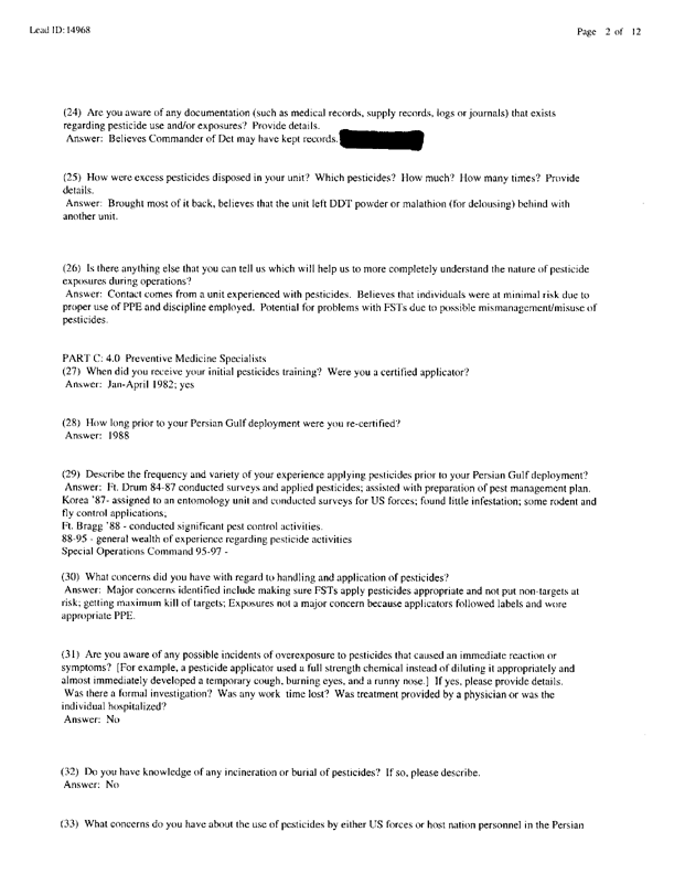 Lead Sheet #14968, Interview with 714th Medical Detachment preventive medicine specialist, February 10, 1998.