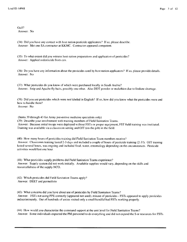 Lead Sheet #14968, Interview with 714th Medical Detachment preventive medicine specialist, February 10, 1998.