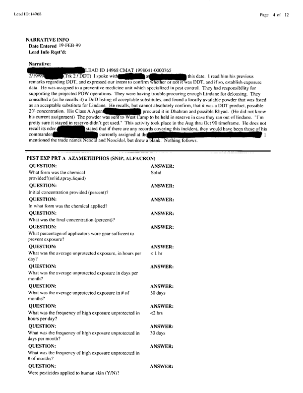 Lead Sheet #14968, Interview with 714th Medical Detachment preventive medicine specialist, February 10, 1998.