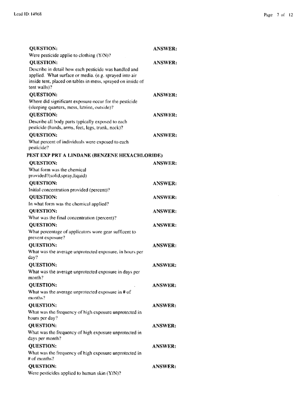   Lead Sheet #14968, Interview with 714th Medical Detachment preventive medicine specialist, February 10, 1998.