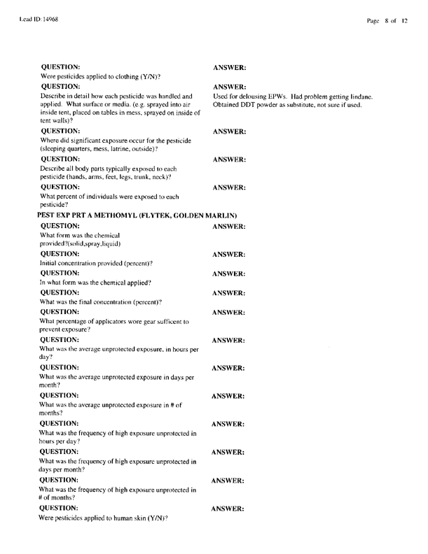   Lead Sheet #14968, Interview with 714th Medical Detachment preventive medicine specialist, February 10, 1998.