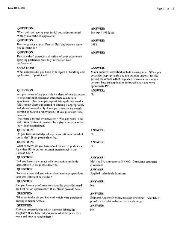   Lead Sheet #14968, Interview with 714th Medical Detachment preventive medicine specialist, February 10, 1998.