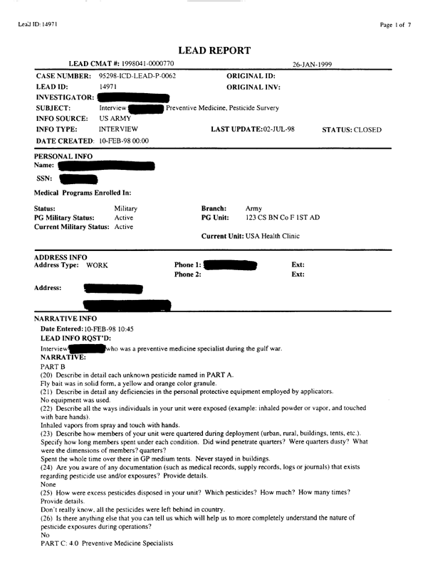   Lead Sheet #14971, Interview with 1st Armored Division, 123rd Combat Support Battalion, Company F preventive medicine specialist, February 10, 1998.
