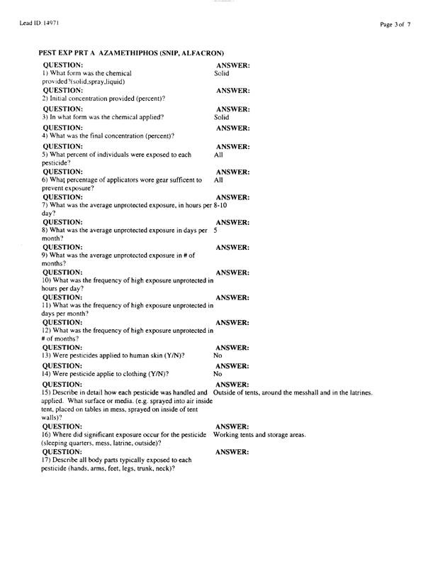   Lead Sheet #14971, Interview with 1st Armored Division, 123rd Combat Support Battalion, Company F preventive medicine specialist, February 10, 1998.