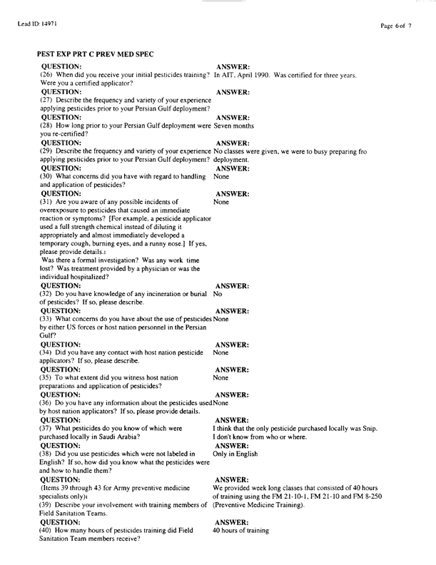   Lead Sheet #14971, Interview with 1st Armored Division, 123rd Combat Support Battalion, Company F preventive medicine specialist, February 10, 1998.