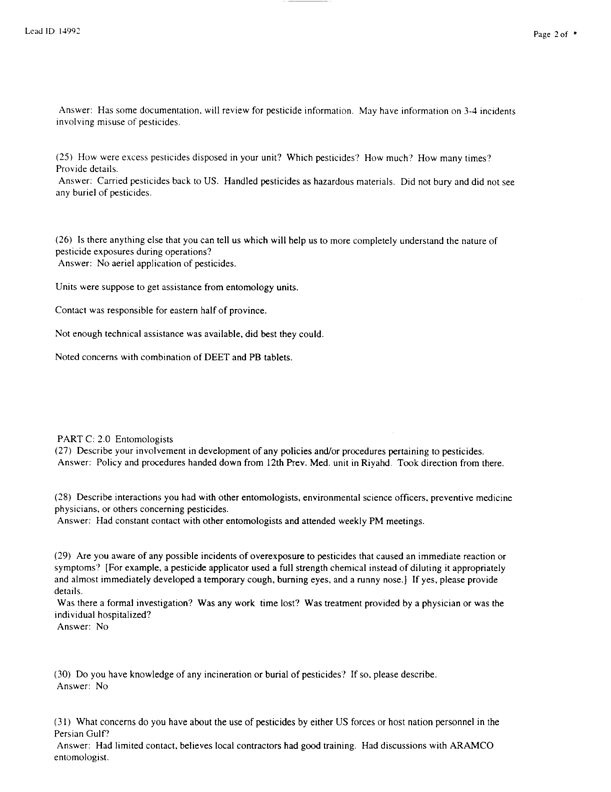 Lead Sheet #14992, Interview with 983rd Medical Detachment entomologist, February 11, 1998.