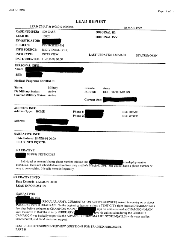   Lead Sheet #15002, Interview with 307th Medical Detachment preventive medicine specialist, March 11, 1998.