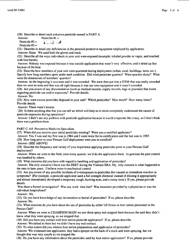   Lead Sheet #15002, Interview with 307th Medical Detachment preventive medicine specialist, March 11, 1998.