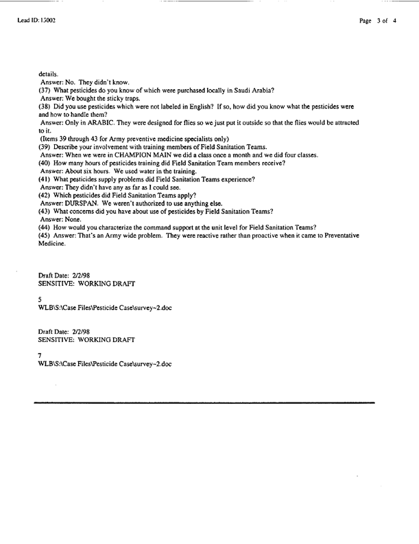   Lead Sheet #15002, Interview with 307th Medical Detachment preventive medicine specialist, March 11, 1998.