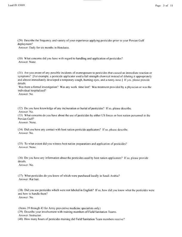   Lead Sheet #15009, Interview with 326th Medical Battalion preventive medicine specialist, February 24, 1998.