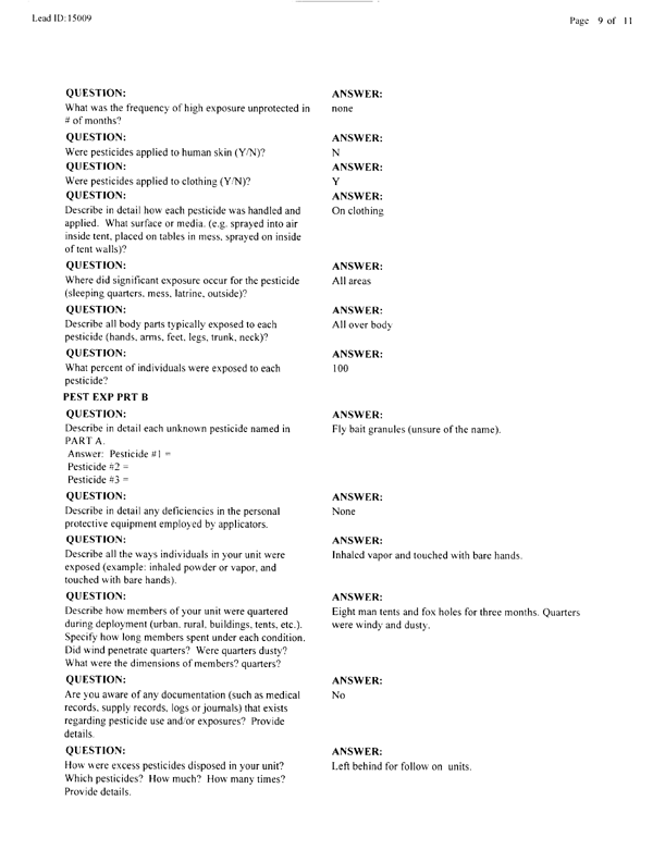   Lead Sheet #15009, Interview with 326th Medical Battalion preventive medicine specialist, February 24, 1998.