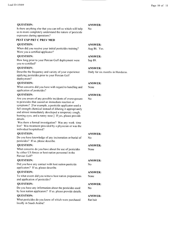   Lead Sheet #15009, Interview with 326th Medical Battalion preventive medicine specialist, February 24, 1998.