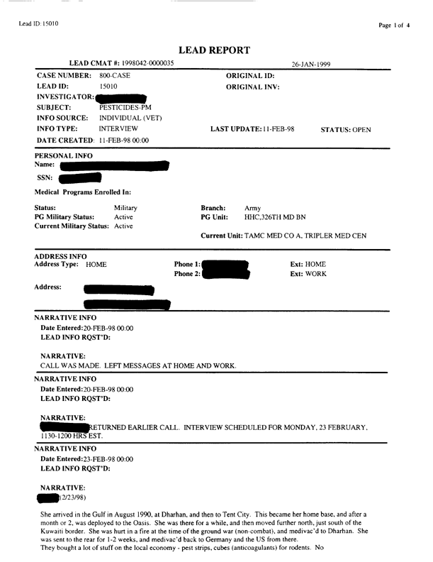   Lead Sheet #15010, Interview with 326th Medical Battalion preventive medicine specialist, February 23, 1998.