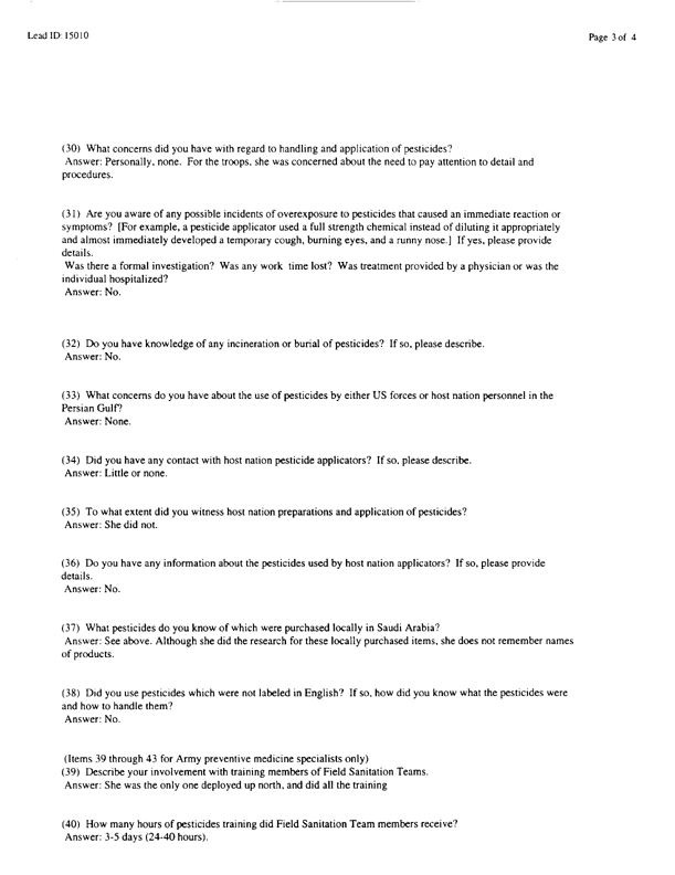   Lead Sheet #15010, Interview with 326th Medical Battalion preventive medicine specialist, February 23, 1998.