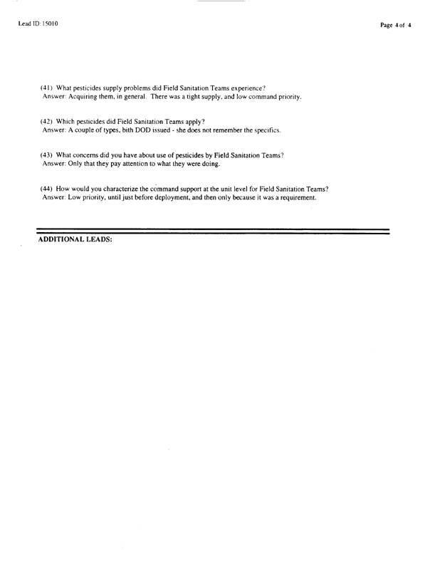   Lead Sheet #15010, Interview with 326th Medical Battalion preventive medicine specialist, February 23, 1998.
