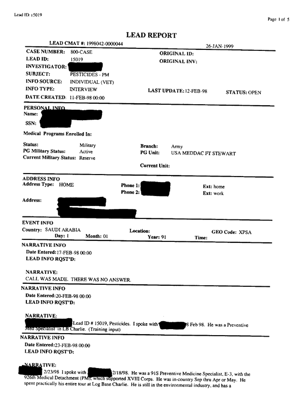   Lead Sheet #15019, Interview with 926th Medical Detachment preventive medicine specialist, February 23, 1998.