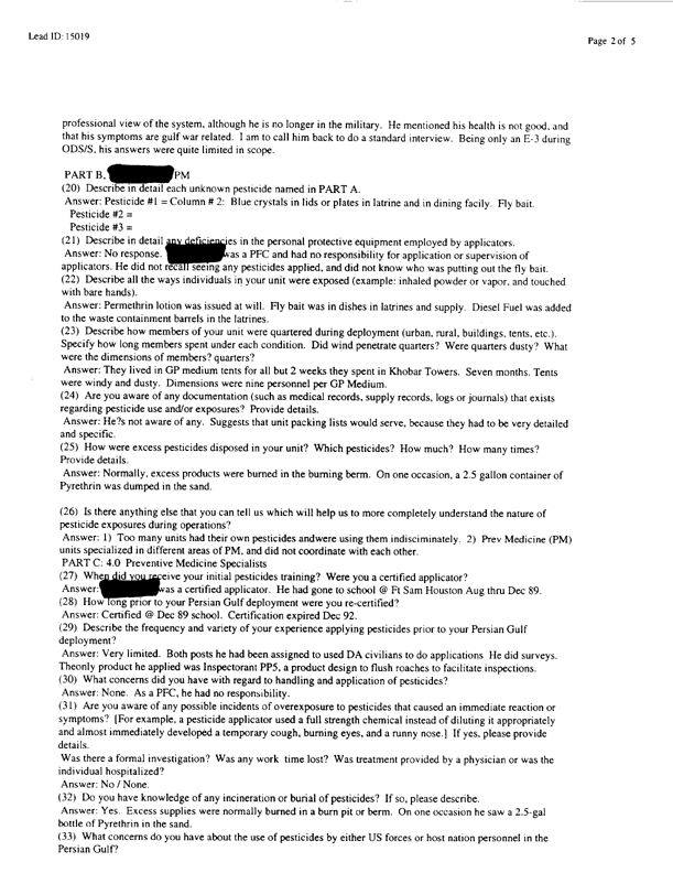   Lead Sheet #15019, Interview with 926th Medical Detachment preventive medicine specialist, May 6, 1998.