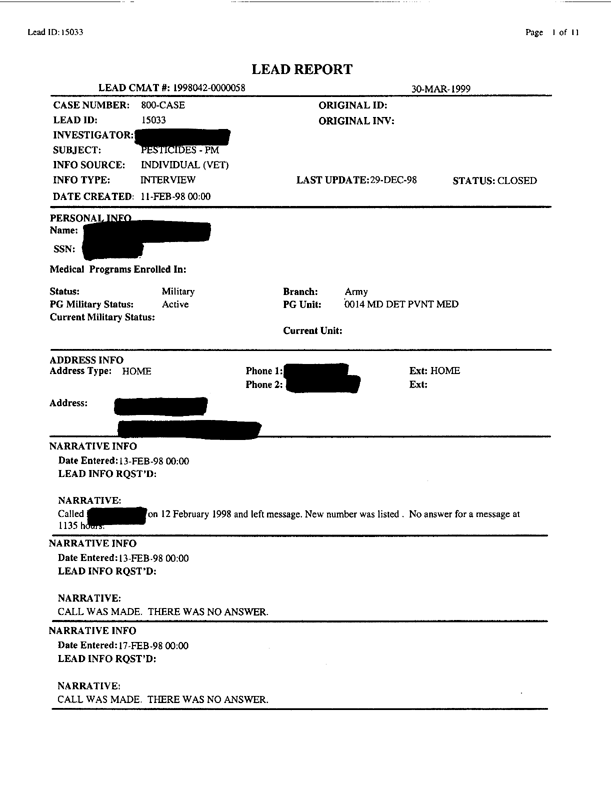 Lead Sheet #15033, Interview with 14th Preventive Medicine Detachment preventive medicine specialist, September 9, 1998;