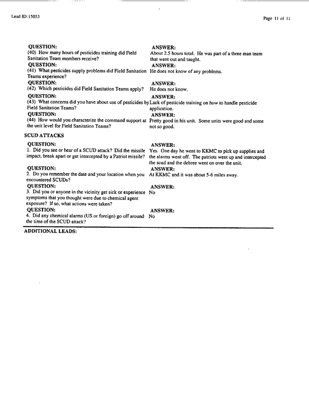   Lead Sheet #15033, Interview with 14th Medical Detachment preventive medicine specialist, September 11, 1998; 