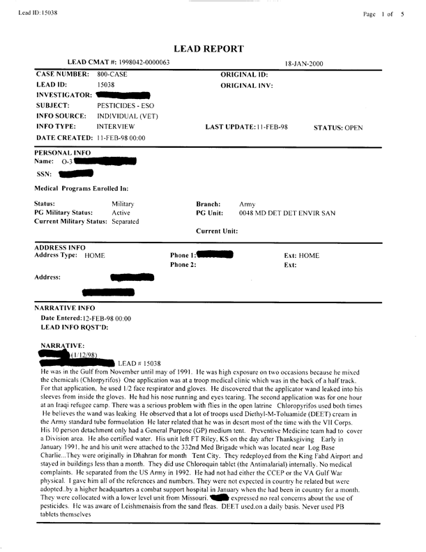 Lead Sheet #15038, Interview with 48th Medical Detachment environmental science officer, February 11, 1998.