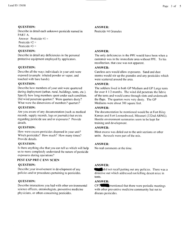 Lead Sheet #15038, Interview with 48th Medical Detachment environmental science officer, February 11, 1998.