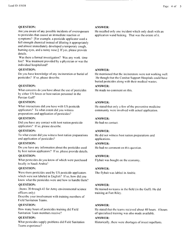 Lead Sheet #15038, Interview with 48th Medical Detachment environmental science officer, February 11, 1998.