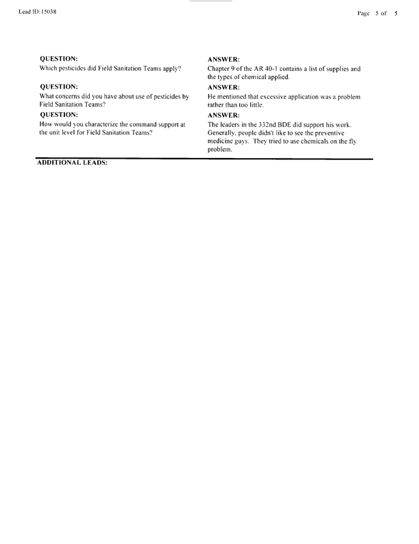   Lead Sheet #15038, Interview with 48th Medical Detachment environmental science officer, February 11, 1998.