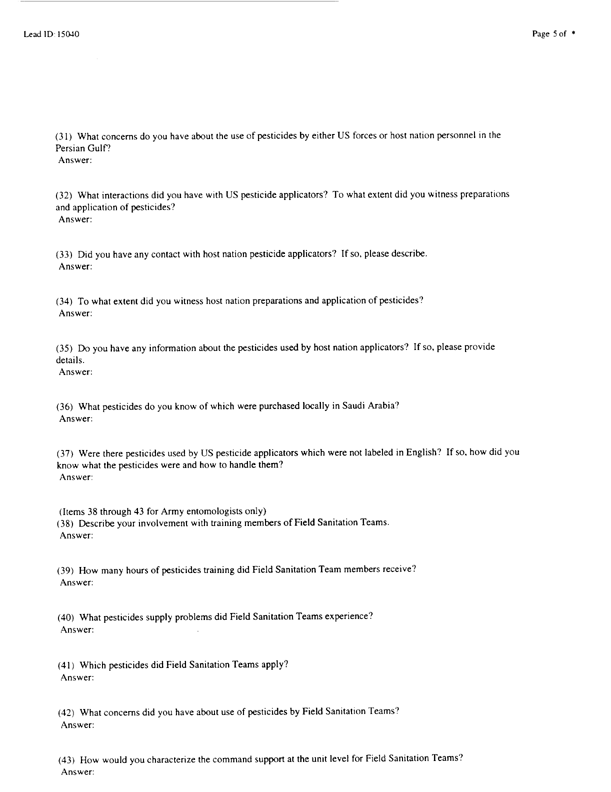 Lead Sheet #15040, Interview with 71st Medical Detachment preventive medicine specialist, February 26, 1998