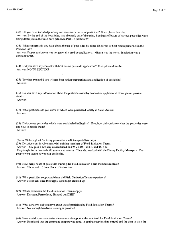   Lead Sheet #15040, Interview with 71st Medical Detachment preventive medicine specialist, March 3, 1998.