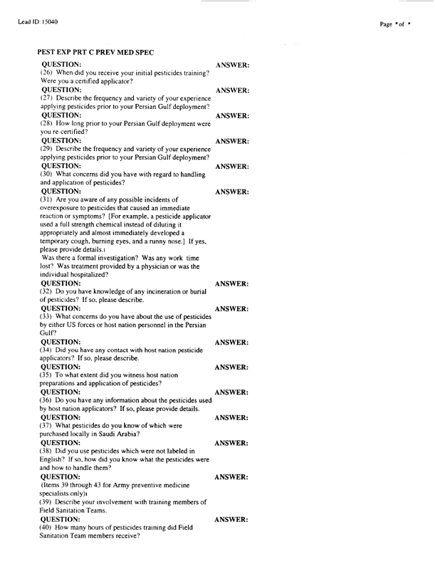   Lead Sheet #15040, Interview with 71st Medical Detachment preventive medicine specialist, March 3, 1998.