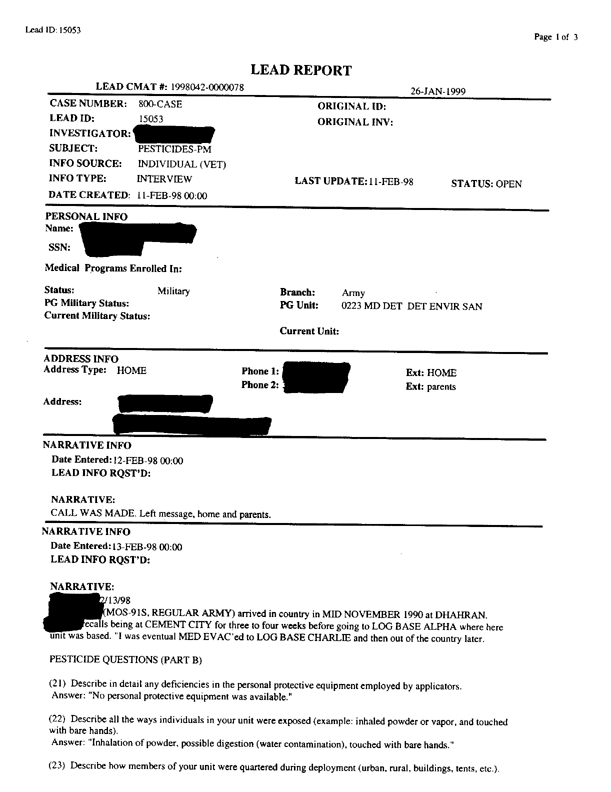   Lead Sheet #15053, Interview with 223rd Medical Detachment preventive medicine specialist, February 13, 1998.