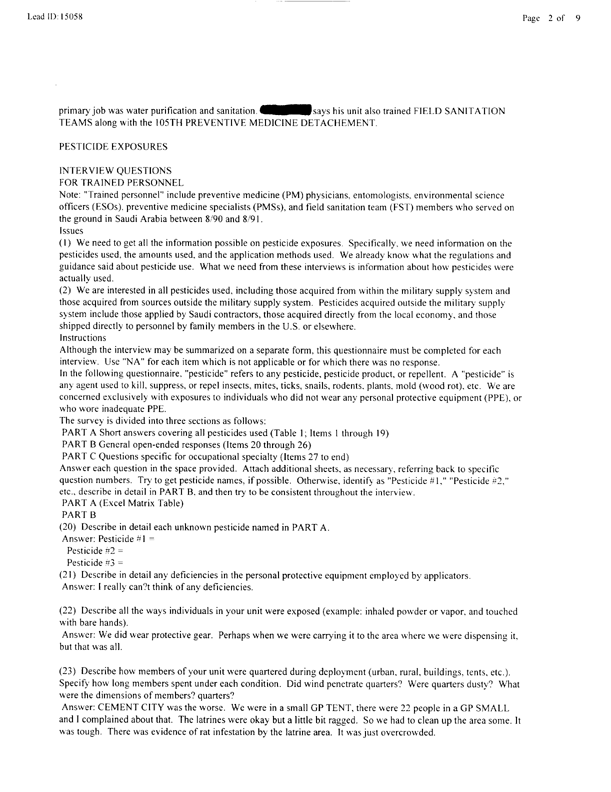   Lead Sheet #15058, Interview with 983rd Medical Detachment preventive medicine specialist, March 4, 1998.