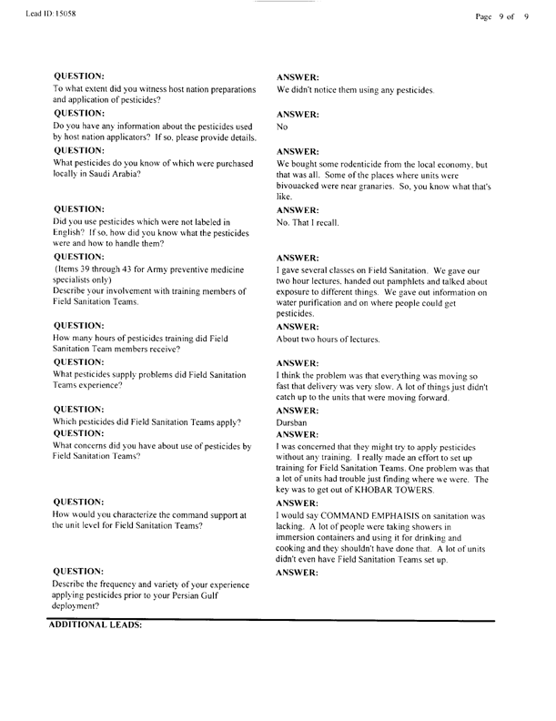   Lead Sheet #15058, Interview with 983rd Medical Detachment preventive medicine specialist, March 4, 1998.