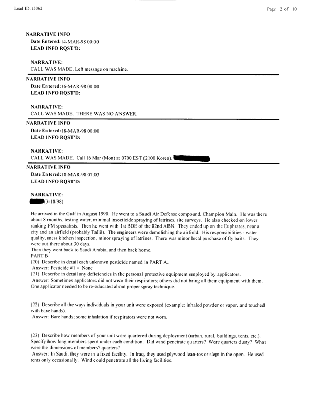   Lead Sheet #15062, Interview with 307th Medical Battalion preventive medicine specialist, March 18, 1998.