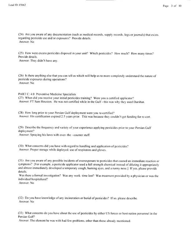   Lead Sheet #15062, Interview with 307th Medical Battalion preventive medicine specialist, March 18, 1998.