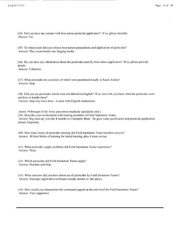   Lead Sheet #15062, Interview with 307th Medical Battalion preventive medicine specialist, March 18, 1998.