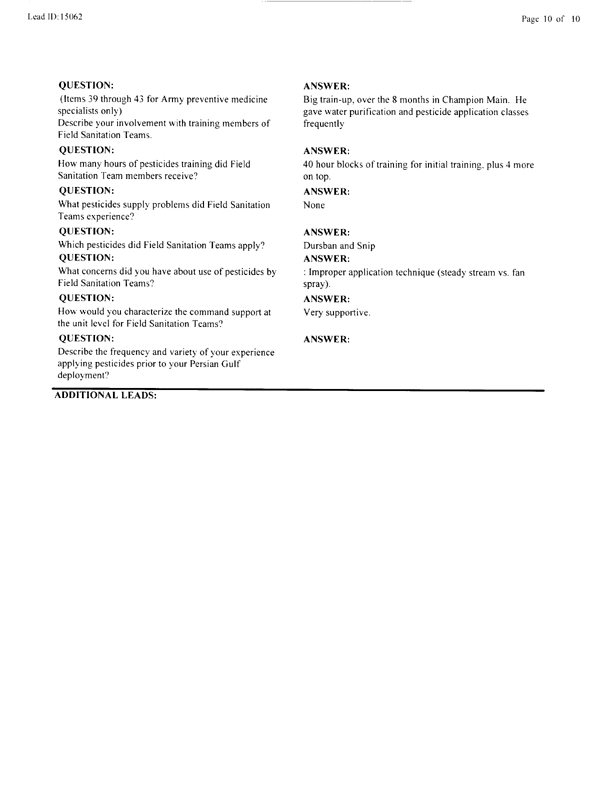   Lead Sheet #15062, Interview with 307th Medical Battalion preventive medicine specialist, March 18, 1998.