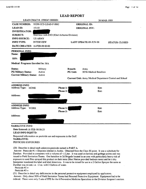   Lead Sheet #15110, Interview with 307th Medical Battalion environmental science officer, February 26, 1998.