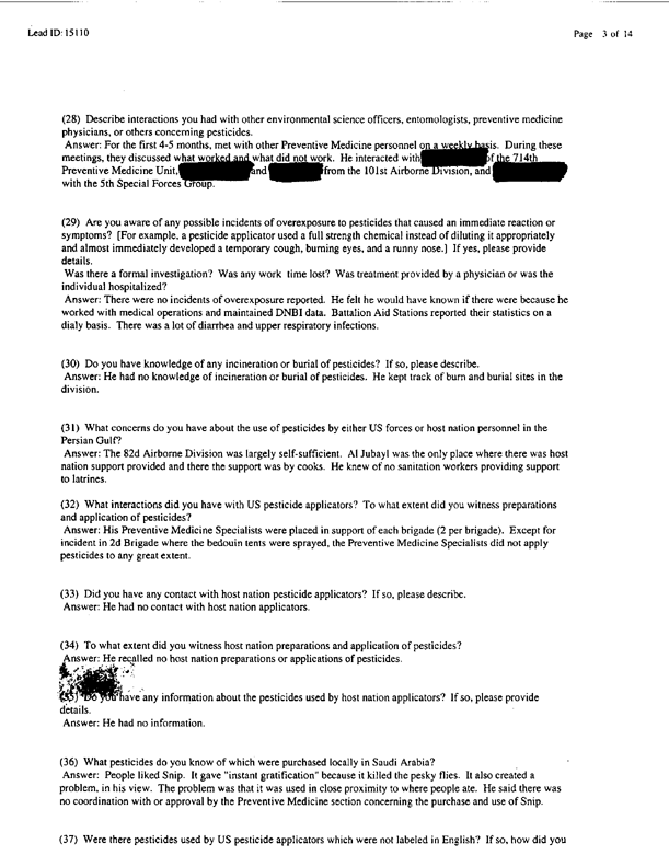   Lead Sheet #15110, Interview with 307th Medical Battalion environmental science officer, February 26, 1998.